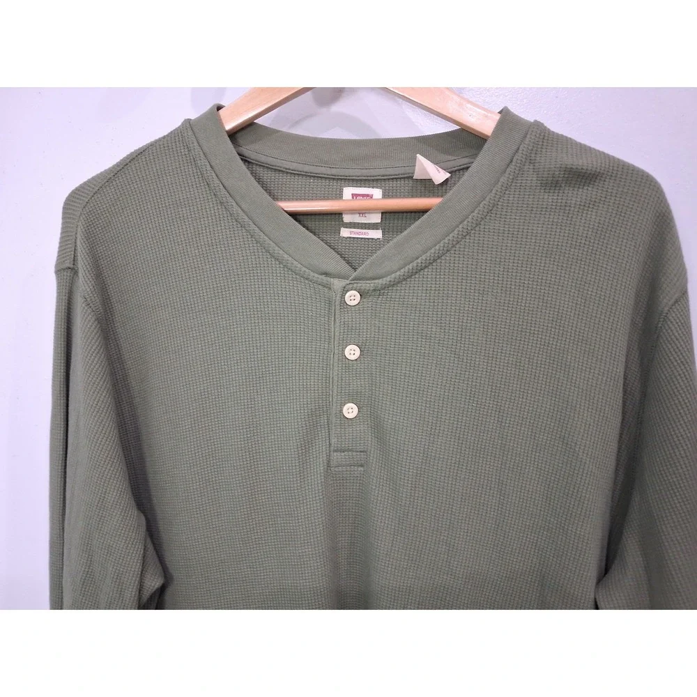 Levis Mens XXL Olive Green Waffle Knit Thermal Long Sleeve Henley Shirt